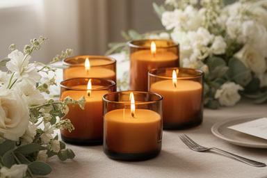 Velas aromáticas en frascos ámbar como centros de mesa para una boda